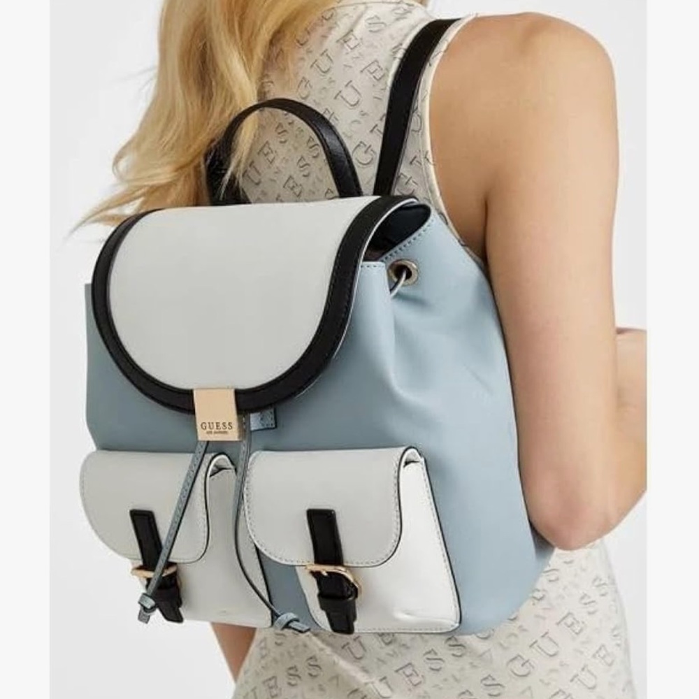 Everyday GUESS Gammill White, Light Blue & Black Dual Buckled Pockets Backpack